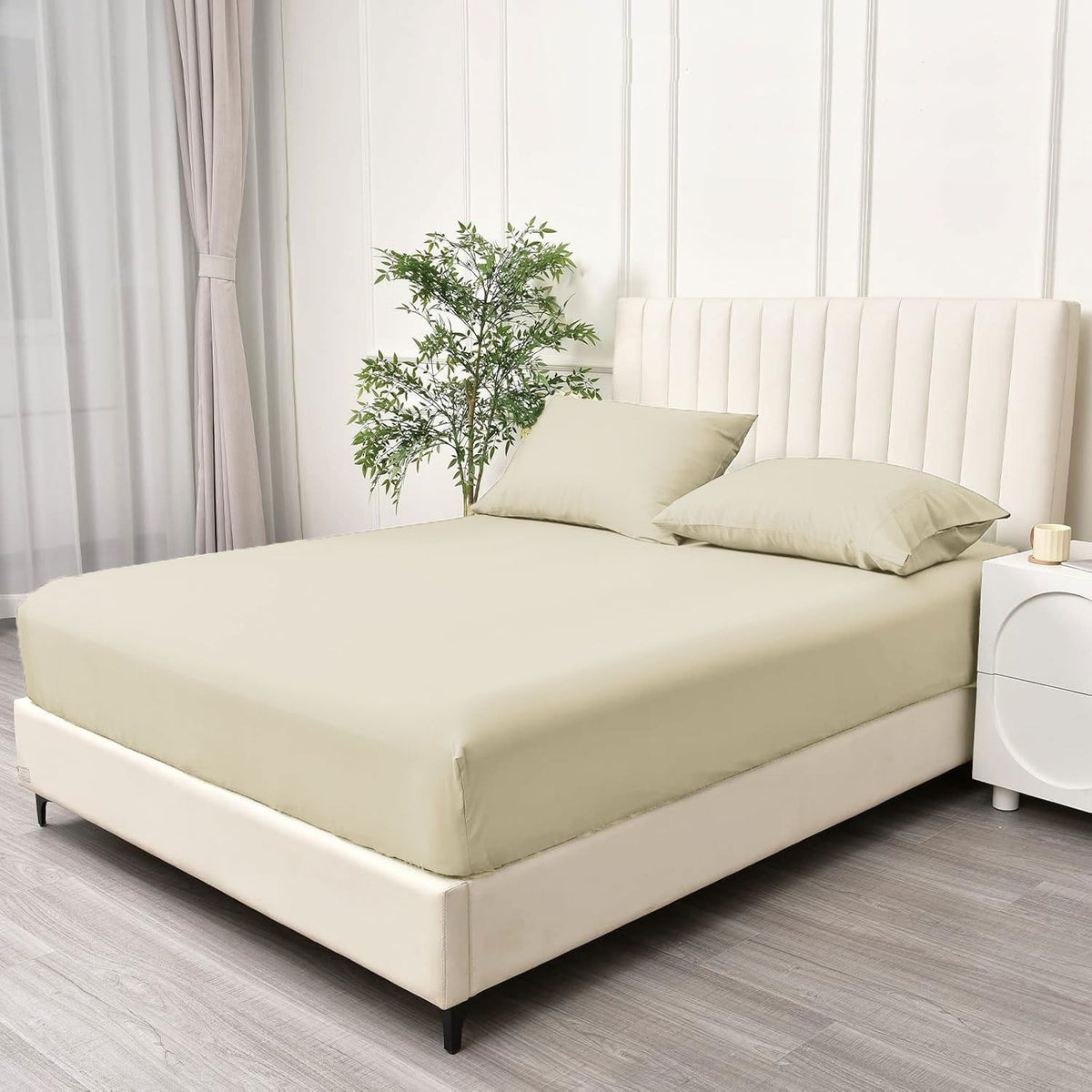 3 Piece Fitted Sheet Set- Fitted Sheet & Pillowcases -Breathable Bedding - Wrinkle, Fade, Stain Resistant- 40cm Deep Pocket Fitted Bed Sheet Set(Cream White,Double)