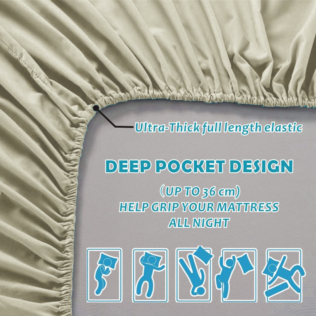 3 Piece Fitted Sheet Set- Fitted Sheet & Pillowcases -Breathable Bedding - Wrinkle, Fade, Stain Resistant- 40cm Deep Pocket Fitted Bed Sheet Set(Cream White,Double)