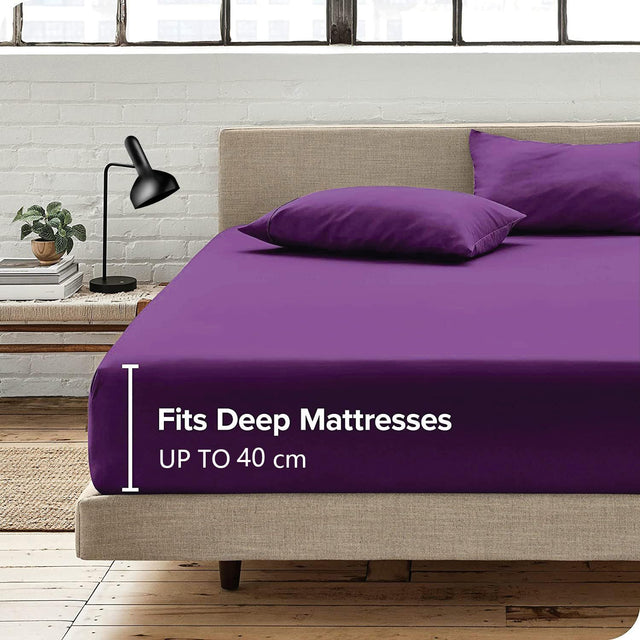 3 Piece Fitted Sheet Set- Fitted Sheet & Pillowcases -Breathable Bedding - Wrinkle, Fade, Stain Resistant- 40cm Deep Pocket Fitted Bed Sheet Set(Purple,Double)