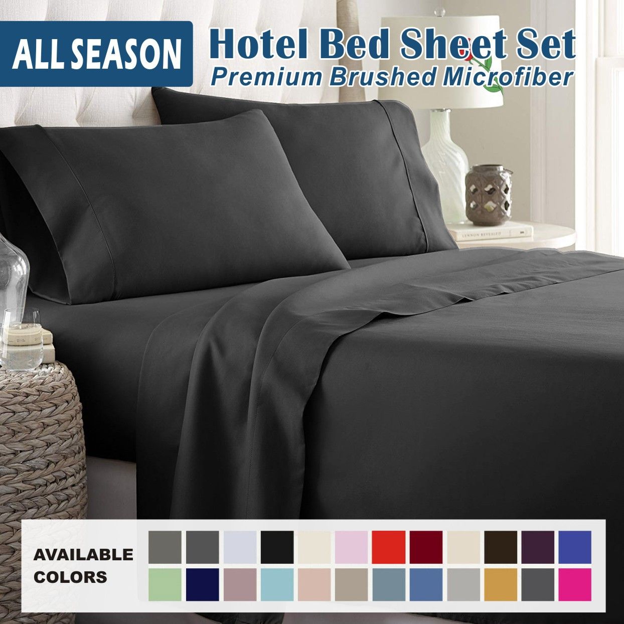 4 Piece Bed Sheet Set- Bedding Sheets & Pillowcases -Breathable Bedding - Wrinkle, Fade, Stain Resistant-Deep Pocket Flat Fitted Bed Sheet Set(Black,Double)