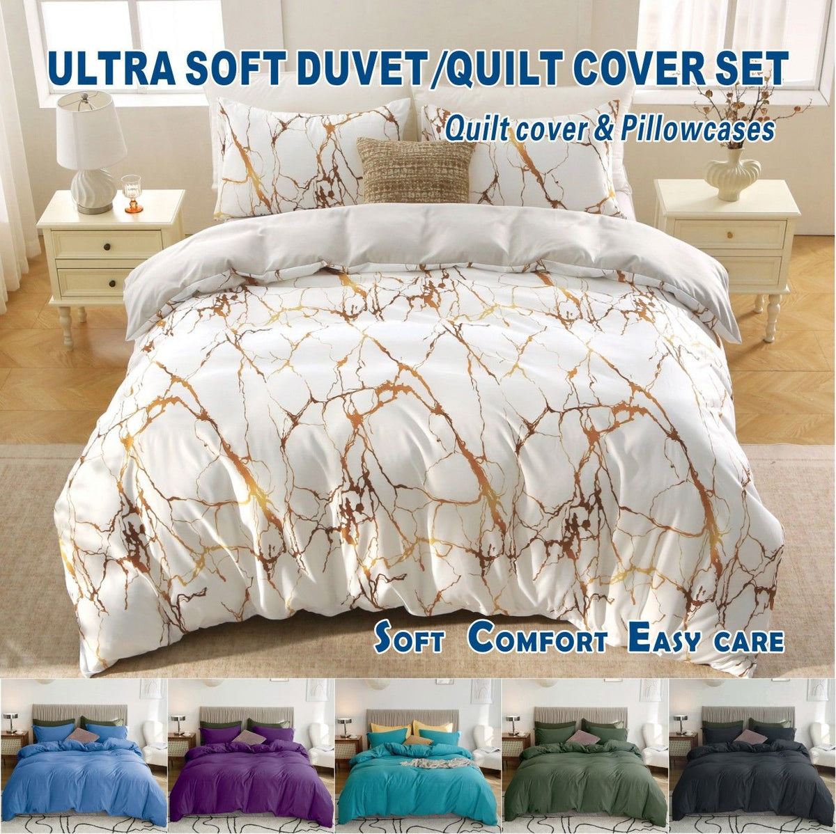 3 Piece Hotel Soft Microfiber Quilt Cover Set-2000TC Duvet/Donna Cover Set & Pillowcases -1 Quilt Cover Zipper Closure & 1 x Pillowcases-Breathable Bedding - Wrinkle, Fade, Stain Resistant(Marble Gleam,King)