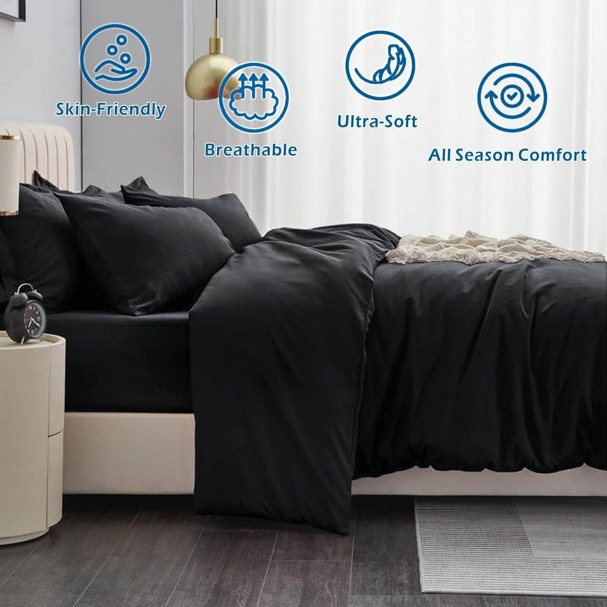 3 Piece Hotel Soft Microfiber Quilt Cover Set-2000TC Duvet/Donna Cover Set & Pillowcases -1 Quilt Cover Zipper Closure & 1 x Pillowcases-Breathable Bedding - Wrinkle, Fade, Stain Resistant(Black,King)