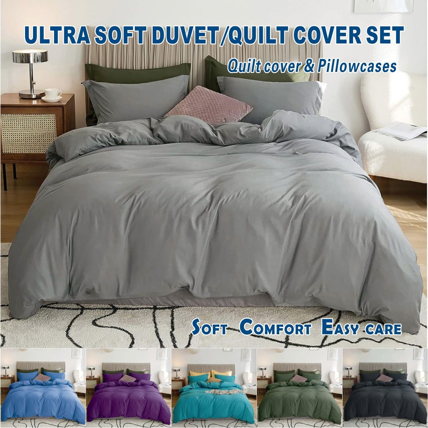 3 Piece Hotel Soft Microfiber Quilt Cover Set-2000TC Duvet/Donna Cover Set & Pillowcases -1 Quilt Cover Zipper Closure & 1 x Pillowcases-Breathable Bedding - Wrinkle, Fade, Stain Resistant(Grey,King)