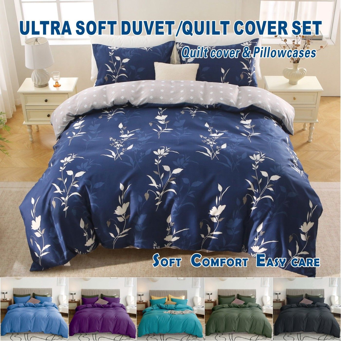 3 Piece Hotel Soft Microfiber Quilt Cover Set-2000TC Duvet/Donna Cover Set & Pillowcases -1 Quilt Cover Zipper Closure & 1 x Pillowcases-Breathable Bedding - Wrinkle, Fade, Stain Resistant(Navy Floral,King)