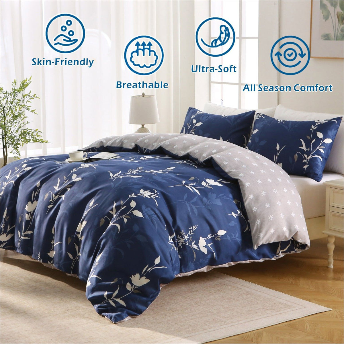 3 Piece Hotel Soft Microfiber Quilt Cover Set-2000TC Duvet/Donna Cover Set & Pillowcases -1 Quilt Cover Zipper Closure & 1 x Pillowcases-Breathable Bedding - Wrinkle, Fade, Stain Resistant(Navy Floral,King)