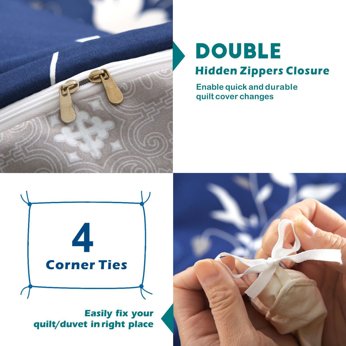 3 Piece Hotel Soft Microfiber Quilt Cover Set-2000TC Duvet/Donna Cover Set & Pillowcases -1 Quilt Cover Zipper Closure & 1 x Pillowcases-Breathable Bedding - Wrinkle, Fade, Stain Resistant(Navy Floral,King)