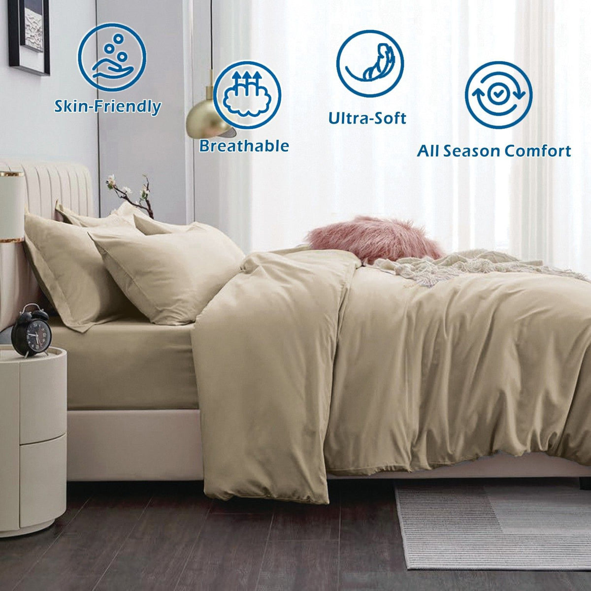 3 Piece Hotel Soft Microfiber Quilt Cover Set-2000TC Duvet/Donna Cover Set & Pillowcases -1 Quilt Cover Zipper Closure & 1 x Pillowcases-Breathable Bedding - Wrinkle, Fade, Stain Resistant(Camel Beige,King)