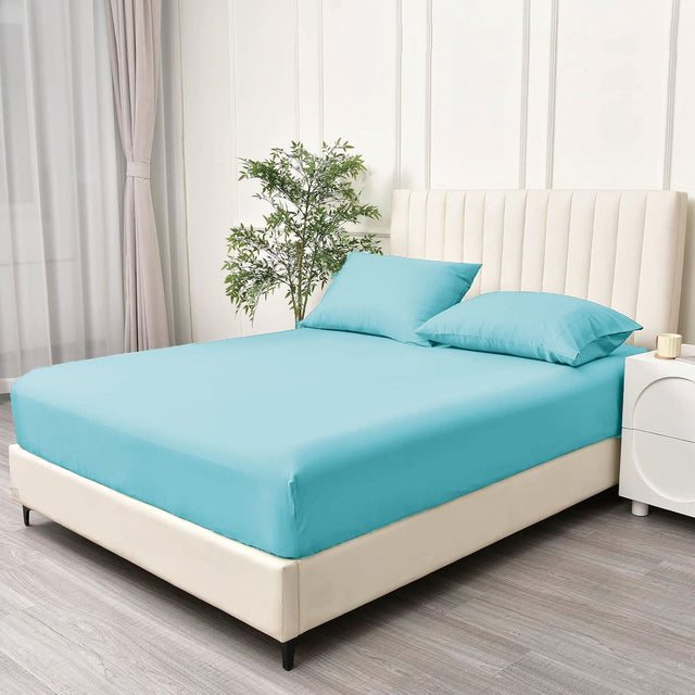 3 Piece Fitted Sheet Set- Fitted Sheet & Pillowcases -Breathable Bedding - Wrinkle, Fade, Stain Resistant- 40cm Deep Pocket Fitted Bed Sheet Set(Ice blue,King)