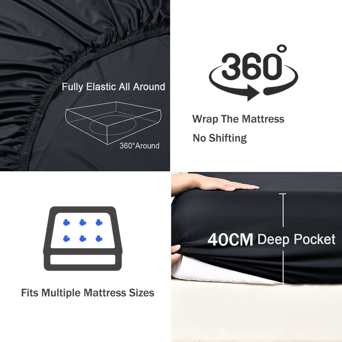 3 Piece Fitted Sheet Set- Fitted Sheet & Pillowcases -Breathable Bedding - Wrinkle, Fade, Stain Resistant- 40cm Deep Pocket Fitted Bed Sheet Set(Black,King)