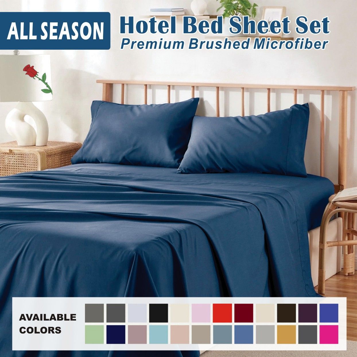 4 Piece Bed Sheet Set- Bedding Sheets & Pillowcases -Breathable Bedding - Wrinkle, Fade, Stain Resistant-Deep Pocket Flat Fitted Bed Sheet Set(Navy,King)