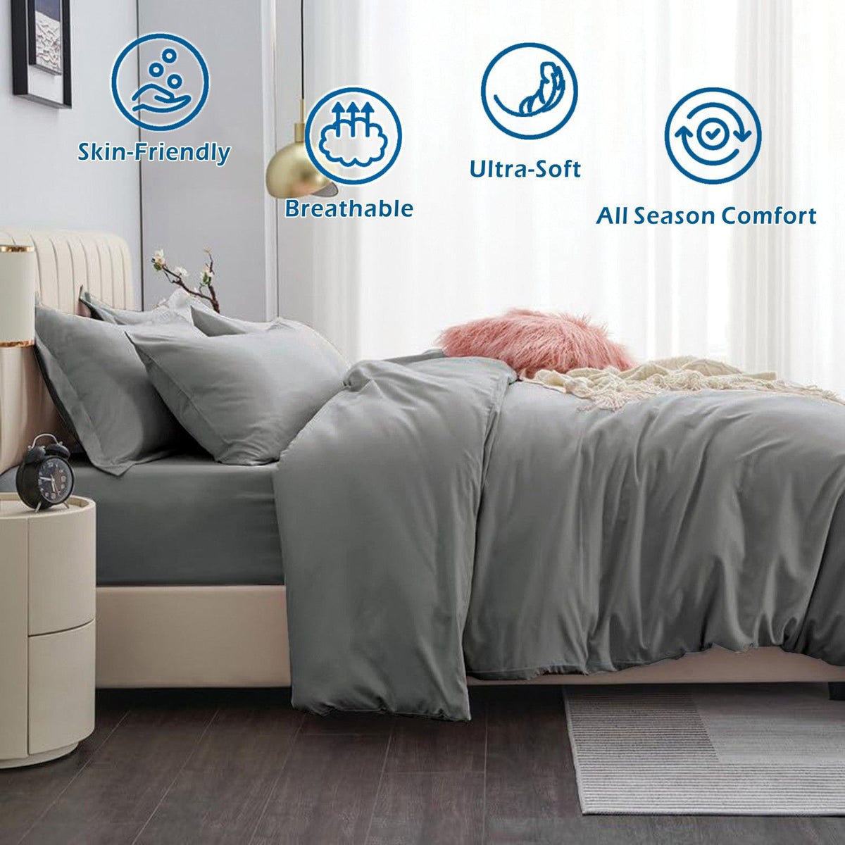 2 Piece Hotel Soft Microfiber Quilt Cover Set-2000TC Duvet/Donna Cover Set & Pillowcases -1 Quilt Cover Zipper Closure & 1 x Pillowcases-Breathable Bedding - Wrinkle, Fade, Stain Resistant(Grey,King Single)