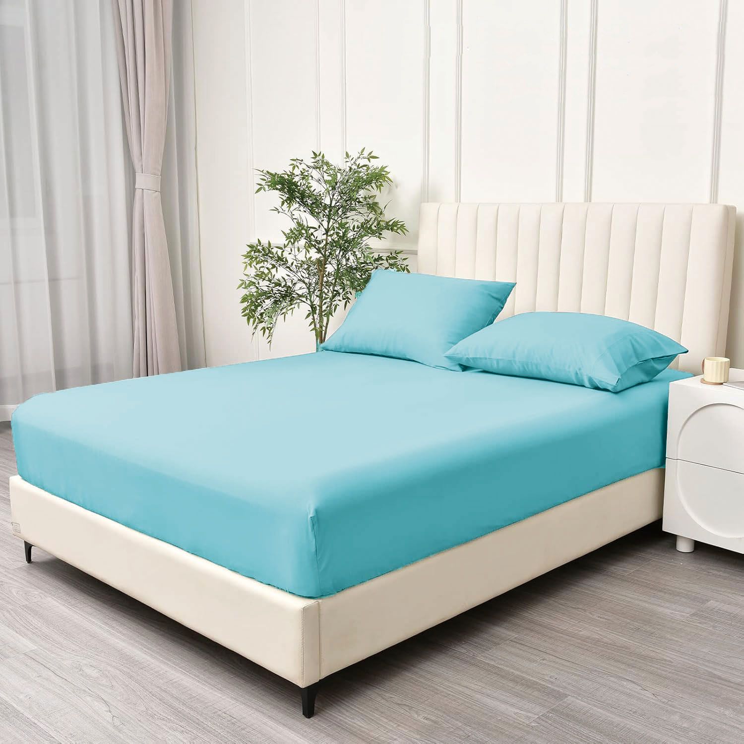 2 Piece Fitted Sheet Set- Fitted Sheet & Pillowcases -Breathable Bedding - Wrinkle, Fade, Stain Resistant- 40cm Deep Pocket Fitted Bed Sheet Set(Ice blue,King Single)