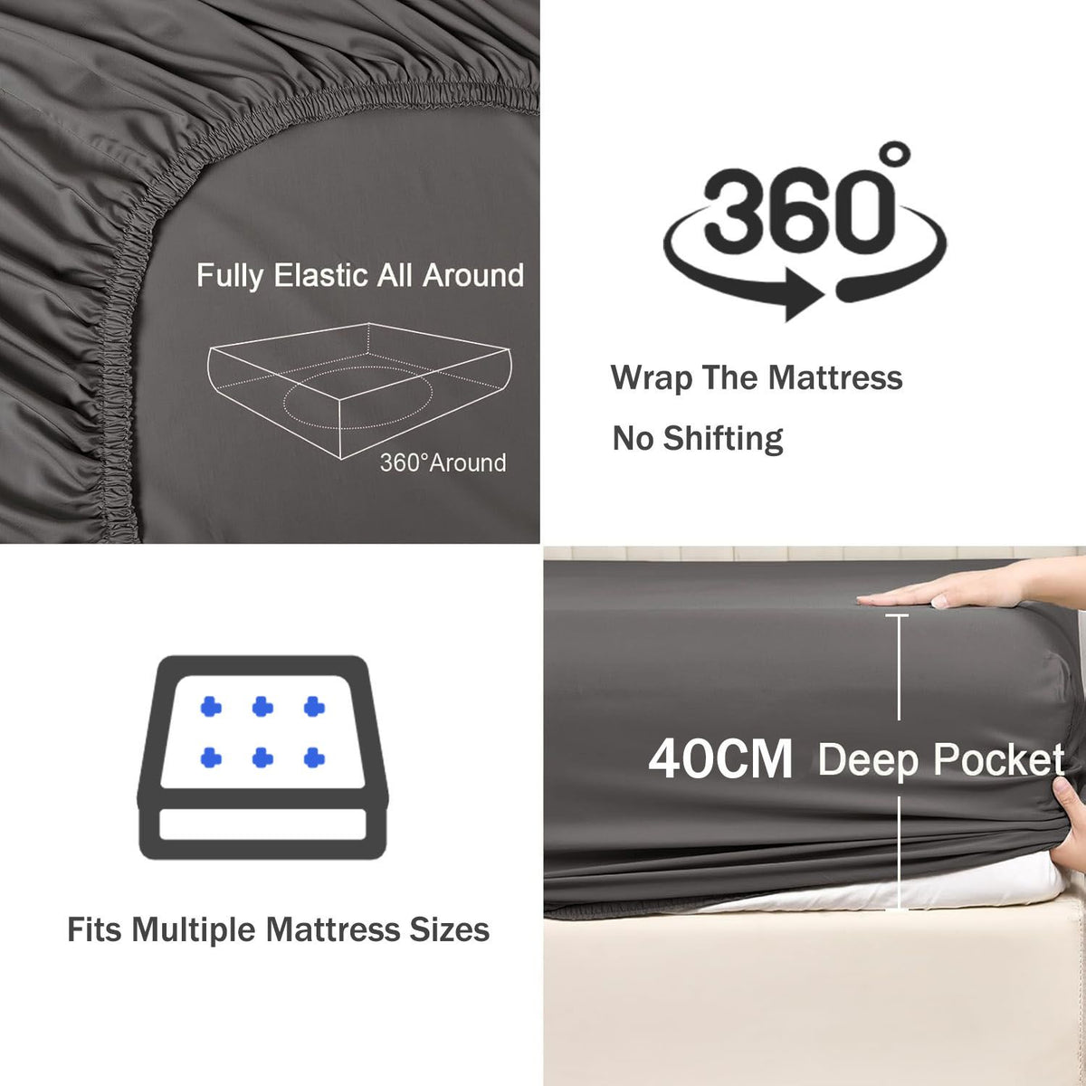 2 Piece Fitted Sheet Set- Fitted Sheet & Pillowcases -Breathable Bedding - Wrinkle, Fade, Stain Resistant- 40cm Deep Pocket Fitted Bed Sheet Set(Dark gray,King Single)