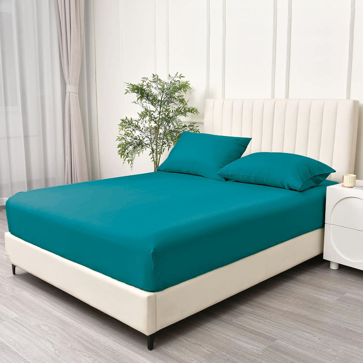 2 Piece Fitted Sheet Set- Fitted Sheet & Pillowcases -Breathable Bedding - Wrinkle, Fade, Stain Resistant- 40cm Deep Pocket Fitted Bed Sheet Set(Biscay blue,King Single)