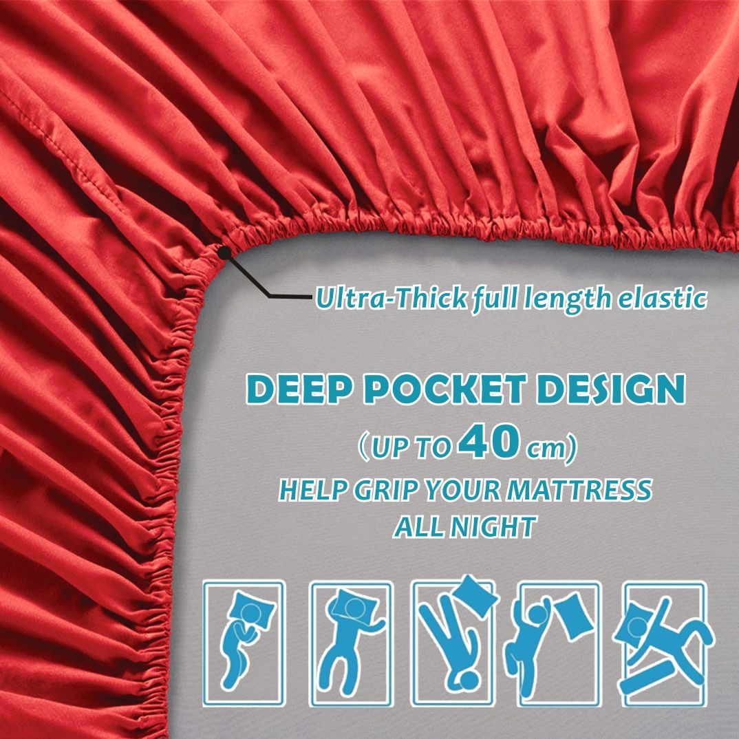 3 Piece Bed Sheet Set- Bedding Sheets & Pillowcases -Breathable Bedding - Wrinkle, Fade, Stain Resistant-Deep Pocket Flat Fitted Bed Sheet Set(Red,King Single)