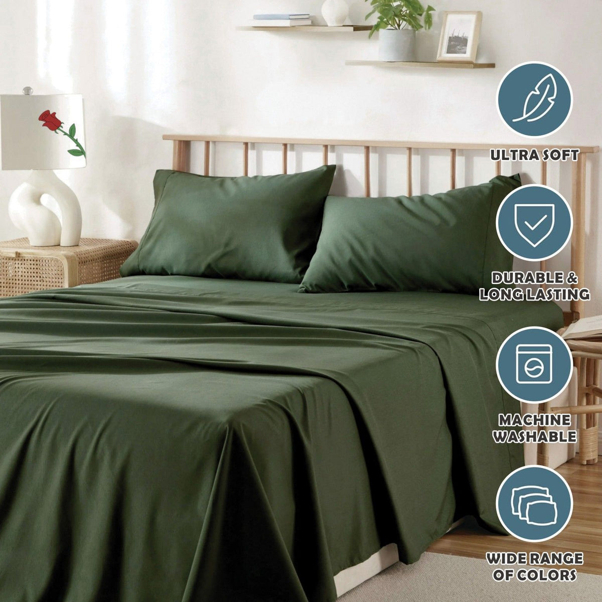 3 Piece Bed Sheet Set- Bedding Sheets & Pillowcases -Breathable Bedding - Wrinkle, Fade, Stain Resistant-Deep Pocket Flat Fitted Bed Sheet Set(Olive green,King Single)
