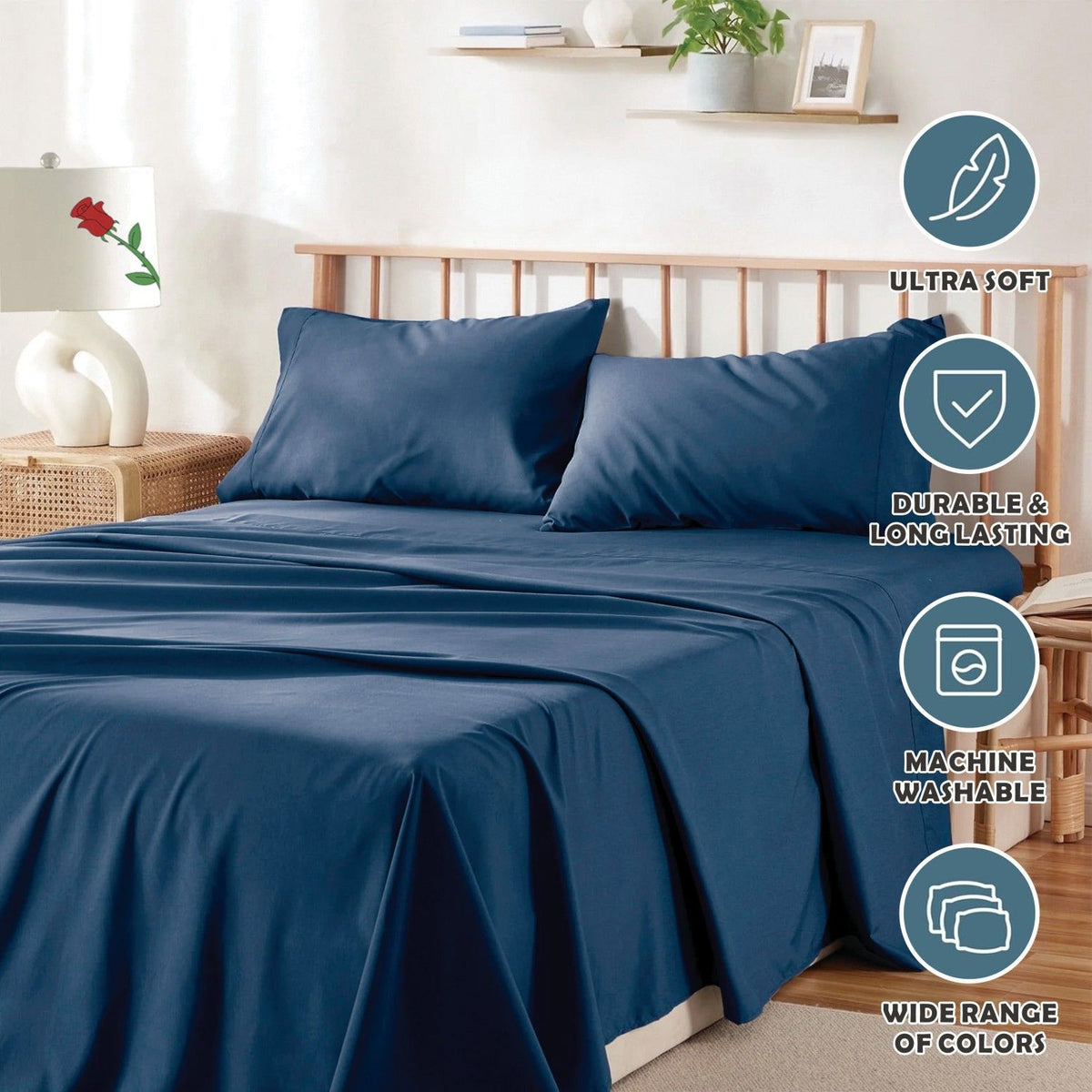 3 Piece Bed Sheet Set- Bedding Sheets & Pillowcases -Breathable Bedding - Wrinkle, Fade, Stain Resistant-Deep Pocket Flat Fitted Bed Sheet Set(Navy,King Single)