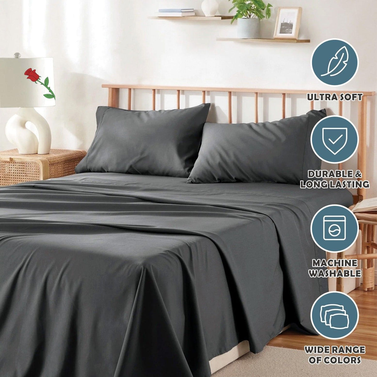 3 Piece Bed Sheet Set- Bedding Sheets & Pillowcases -Breathable Bedding - Wrinkle, Fade, Stain Resistant-Deep Pocket Flat Fitted Bed Sheet Set(Dark gray,King Single)