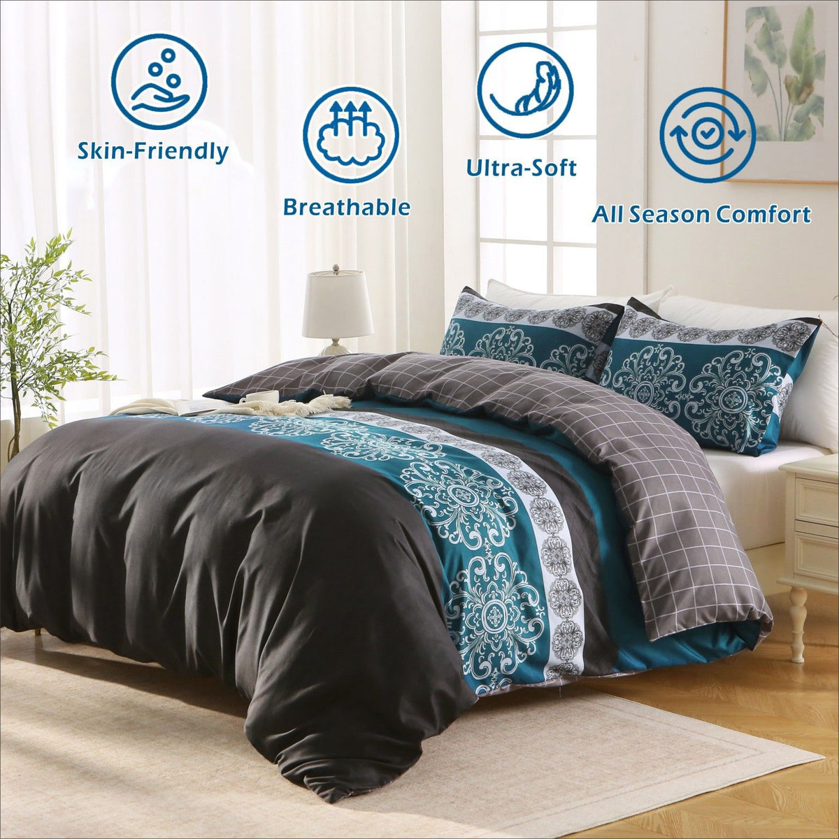 3 Piece Hotel Soft Microfiber Quilt Cover Set-2000TC Duvet/Donna Cover Set & Pillowcases -1 Quilt Cover Zipper Closure & 1 x Pillowcases-Breathable Bedding - Wrinkle, Fade, Stain Resistant(Bohemian,Queen)