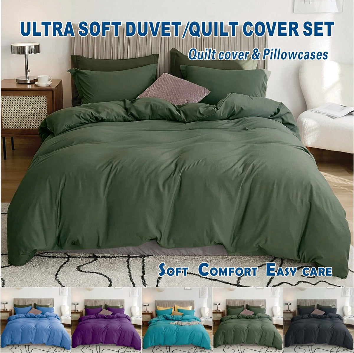 3 Piece Hotel Soft Microfiber Quilt Cover Set-2000TC Duvet/Donna Cover Set & Pillowcases -1 Quilt Cover Zipper Closure & 1 x Pillowcases-Breathable Bedding - Wrinkle, Fade, Stain Resistant(Olive green,Queen)