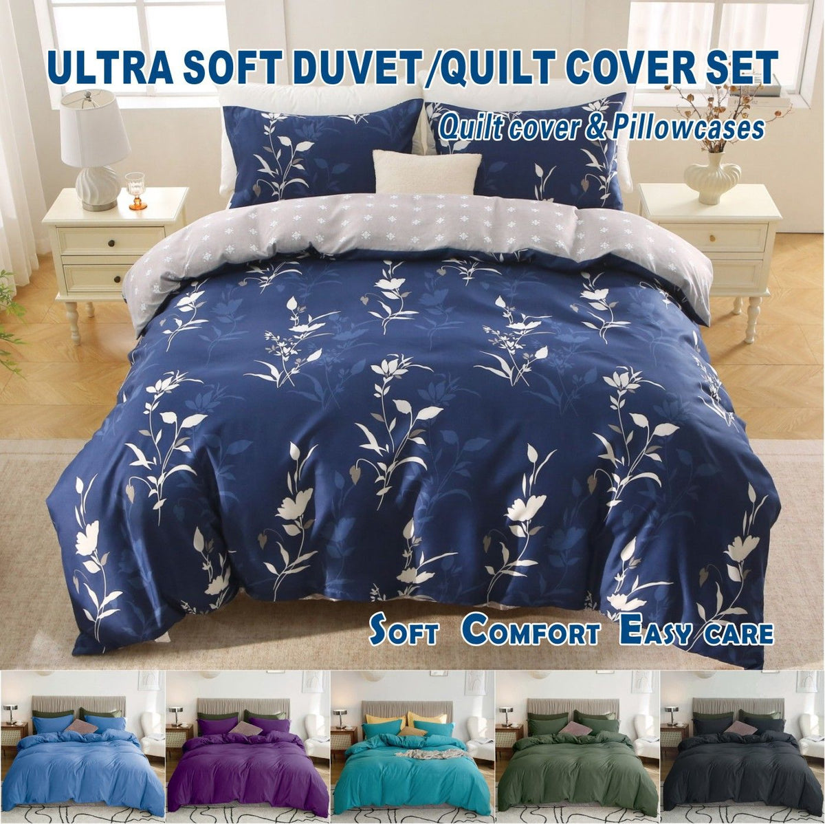 3 Piece Hotel Soft Microfiber Quilt Cover Set-2000TC Duvet/Donna Cover Set & Pillowcases -1 Quilt Cover Zipper Closure & 1 x Pillowcases-Breathable Bedding - Wrinkle, Fade, Stain Resistant(Navy Floral,Queen)