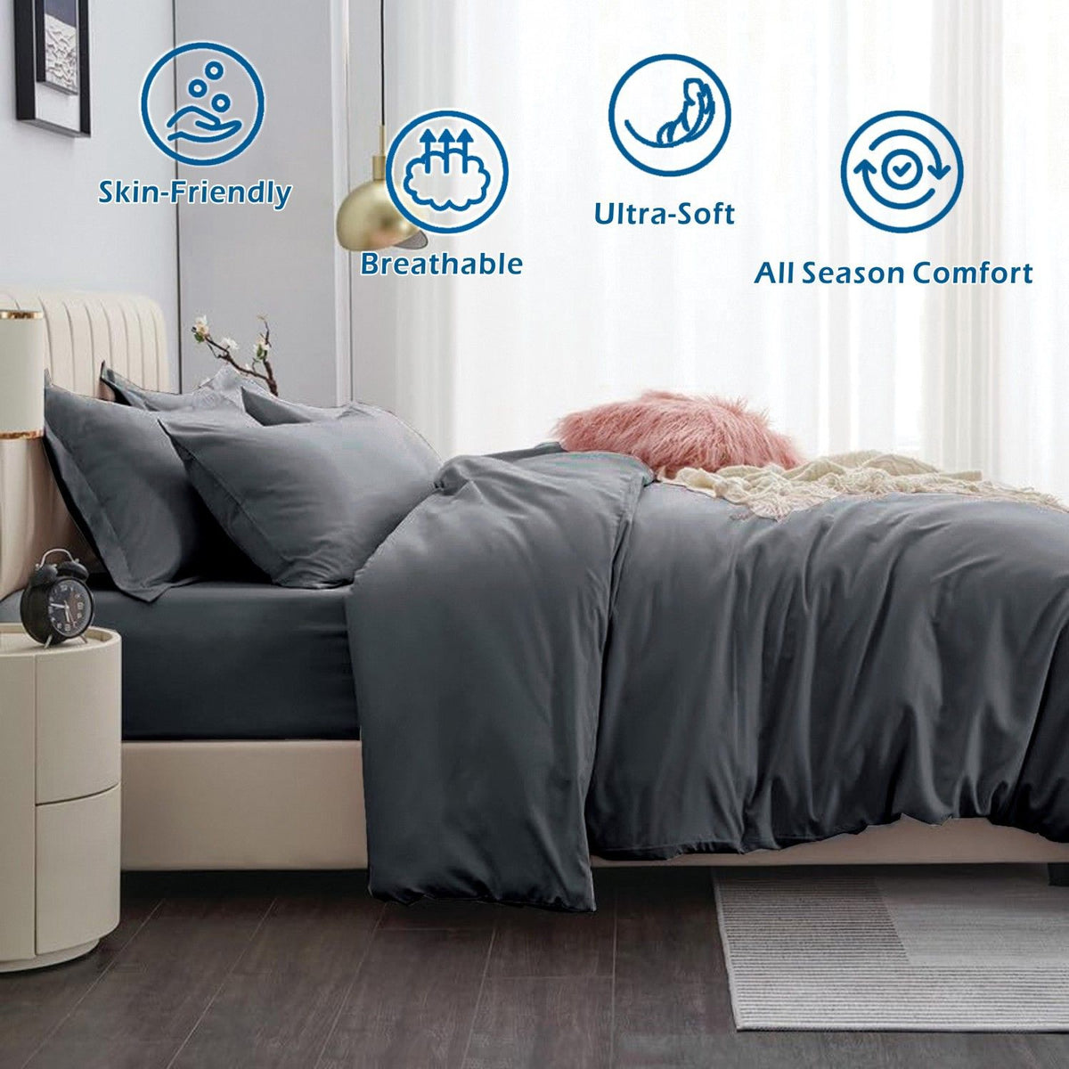 3 Piece Hotel Soft Microfiber Quilt Cover Set-2000TC Duvet/Donna Cover Set & Pillowcases -1 Quilt Cover Zipper Closure & 1 x Pillowcases-Breathable Bedding - Wrinkle, Fade, Stain Resistant(Dark gray,Queen)