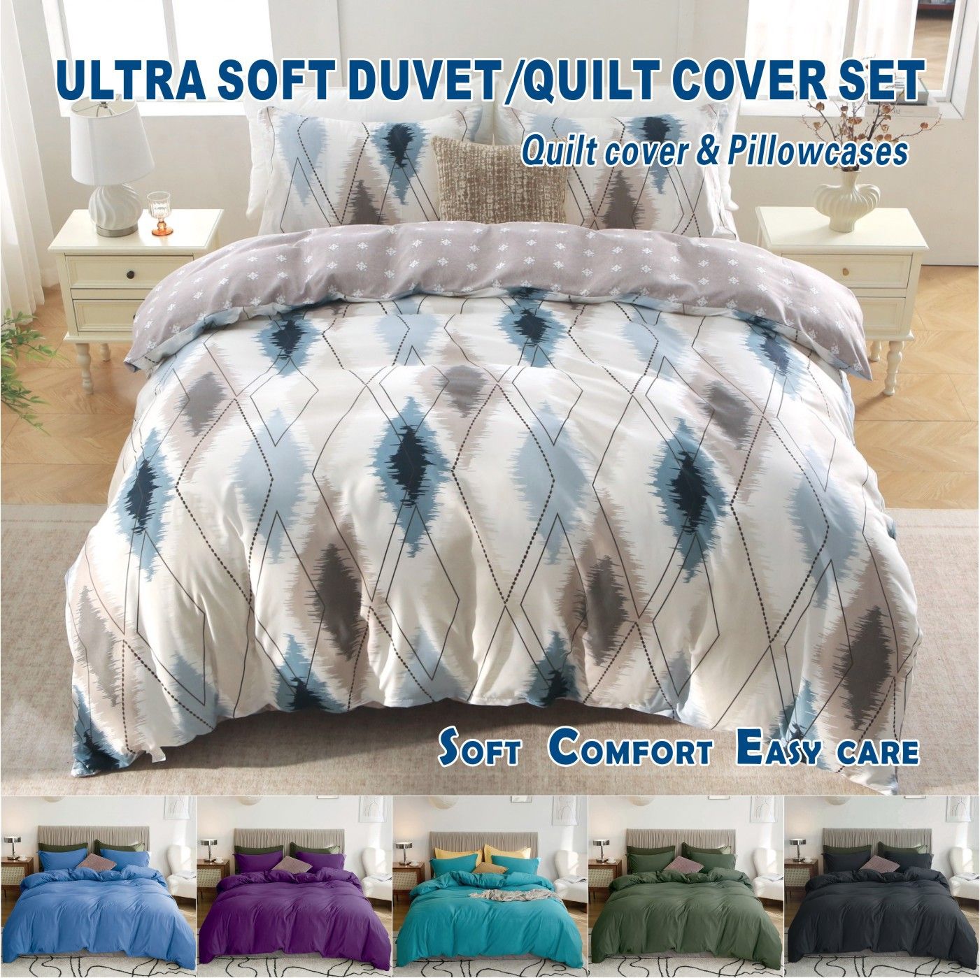 3 Piece Hotel Soft Microfiber Quilt Cover Set-2000TC Duvet/Donna Cover Set & Pillowcases -1 Quilt Cover Zipper Closure & 1 x Pillowcases-Breathable Bedding - Wrinkle, Fade, Stain Resistant(Modern Geometric,Queen)