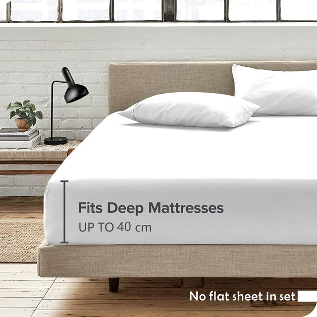 3 Piece Fitted Sheet Set- Fitted Sheet & Pillowcases -Breathable Bedding - Wrinkle, Fade, Stain Resistant- 40cm Deep Pocket Fitted Bed Sheet Set(White,Queen)