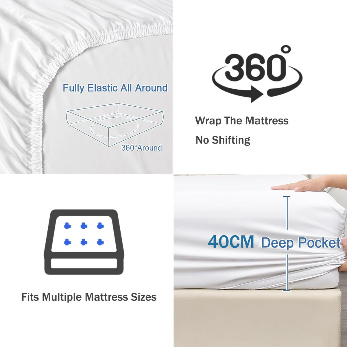 3 Piece Fitted Sheet Set- Fitted Sheet & Pillowcases -Breathable Bedding - Wrinkle, Fade, Stain Resistant- 40cm Deep Pocket Fitted Bed Sheet Set(White,Queen)