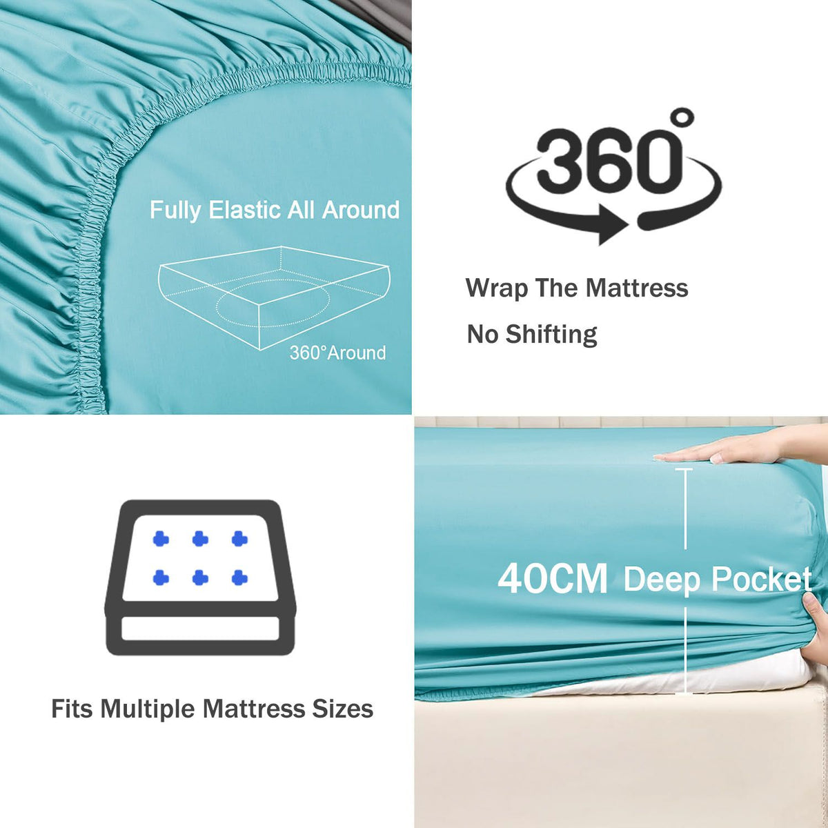 3 Piece Fitted Sheet Set- Fitted Sheet & Pillowcases -Breathable Bedding - Wrinkle, Fade, Stain Resistant- 40cm Deep Pocket Fitted Bed Sheet Set(Ice blue,Queen)