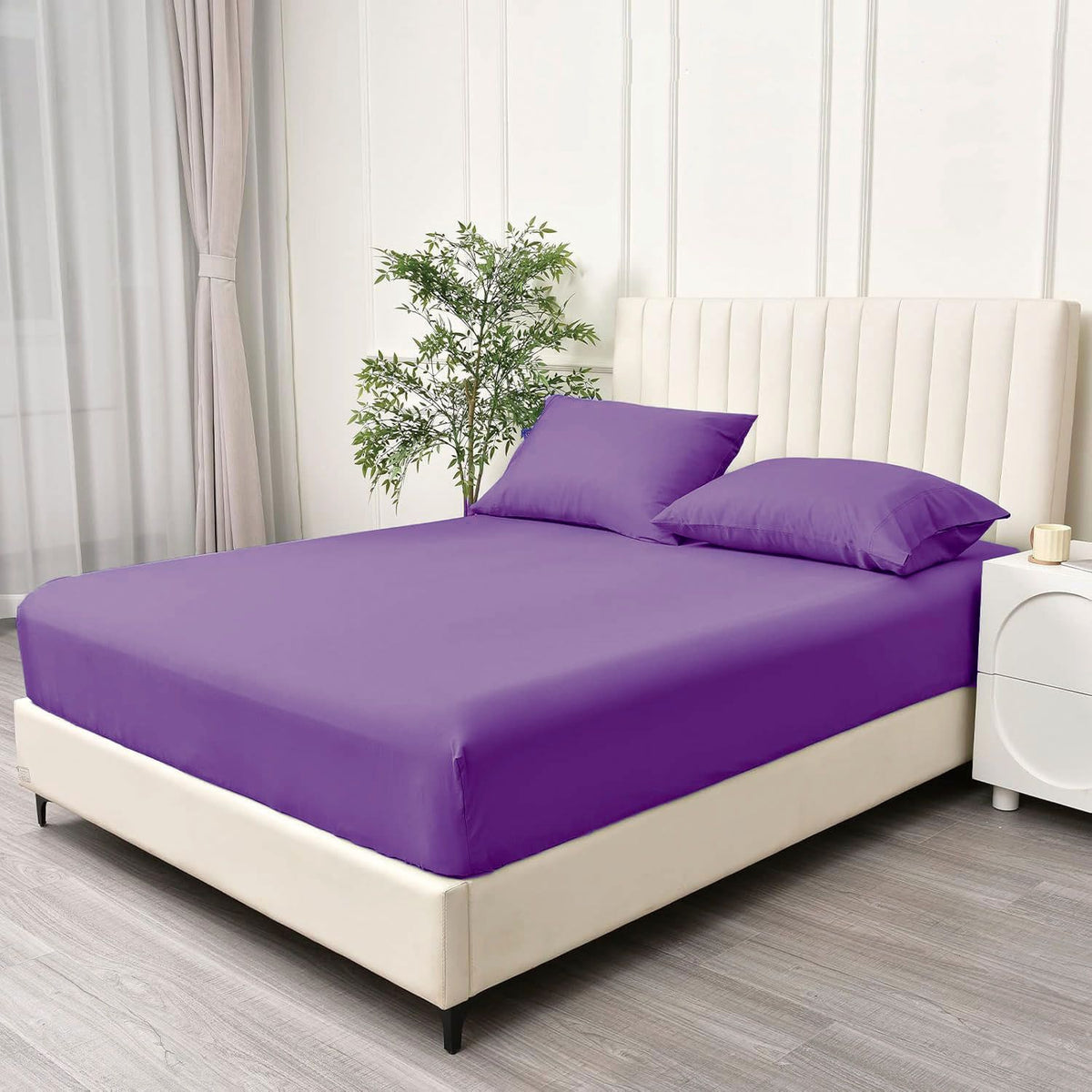 3 Piece Fitted Sheet Set- Fitted Sheet & Pillowcases -Breathable Bedding - Wrinkle, Fade, Stain Resistant- 40cm Deep Pocket Fitted Bed Sheet Set(Purple,Queen)