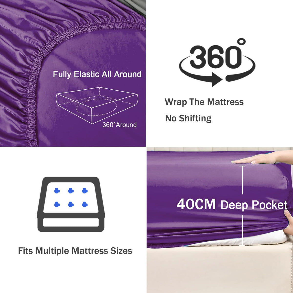 3 Piece Fitted Sheet Set- Fitted Sheet & Pillowcases -Breathable Bedding - Wrinkle, Fade, Stain Resistant- 40cm Deep Pocket Fitted Bed Sheet Set(Purple,Queen)