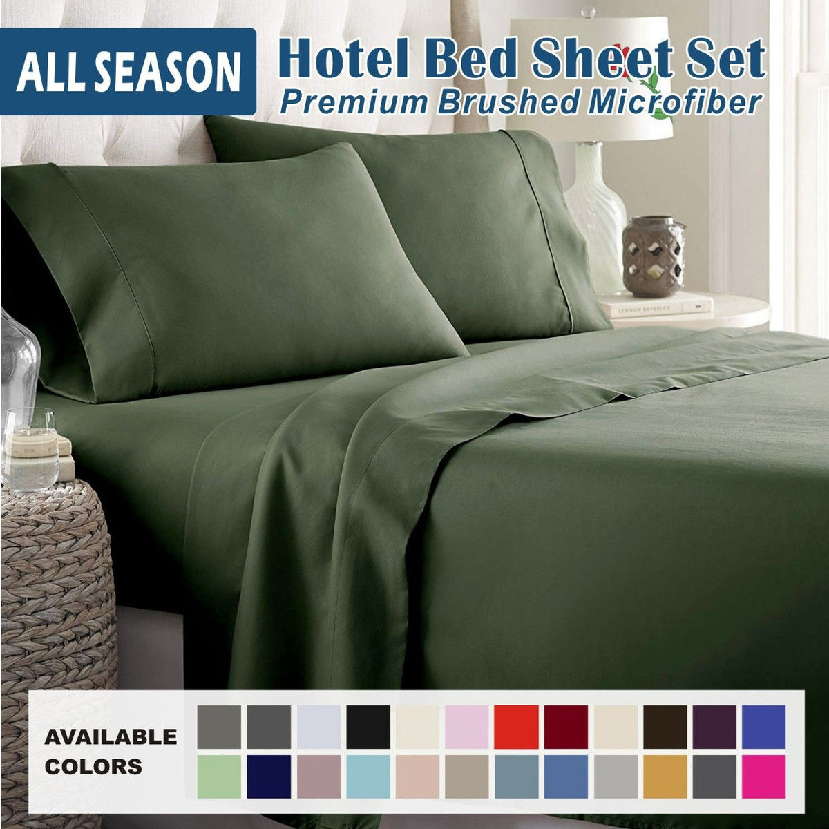 4 Piece Bed Sheet Set- Bedding Sheets & Pillowcases -Breathable Bedding - Wrinkle, Fade, Stain Resistant-Deep Pocket Flat Fitted Bed Sheet Set(Olive green,Queen)