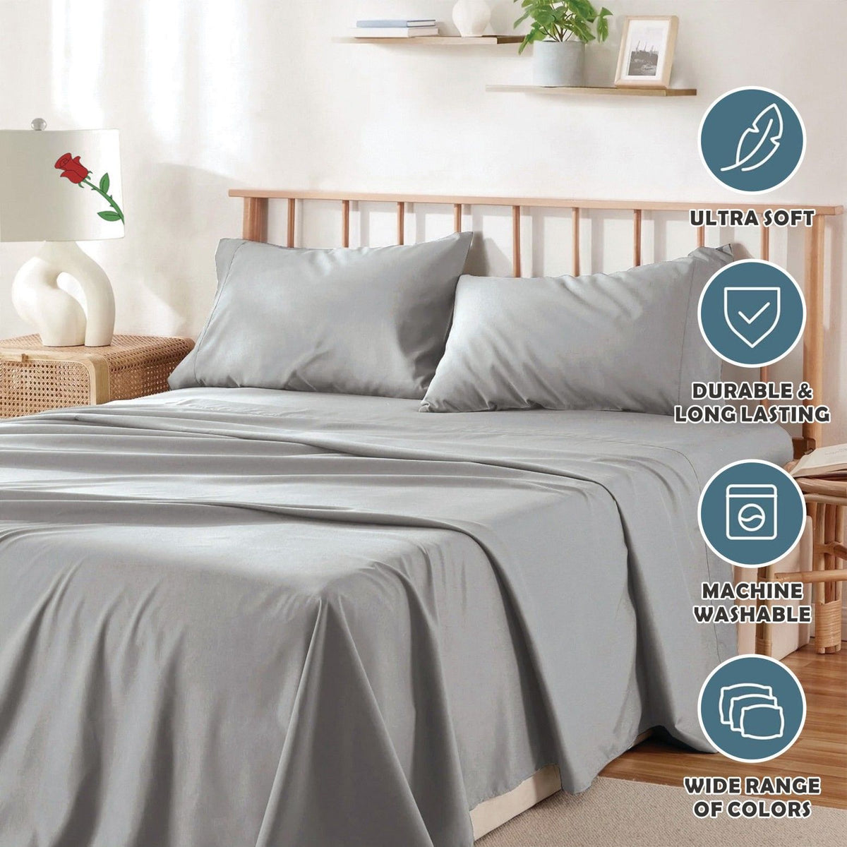 4 Piece Bed Sheet Set- Bedding Sheets & Pillowcases -Breathable Bedding - Wrinkle, Fade, Stain Resistant-Deep Pocket Flat Fitted Bed Sheet Set(Silver-gray,Queen)
