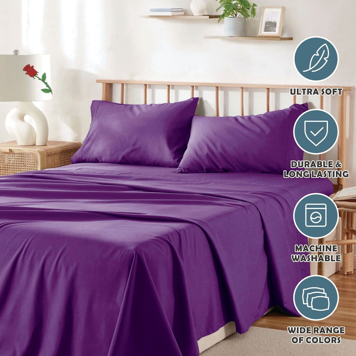 4 Piece Bed Sheet Set- Bedding Sheets & Pillowcases -Breathable Bedding - Wrinkle, Fade, Stain Resistant-Deep Pocket Flat Fitted Bed Sheet Set(Purple,Queen)