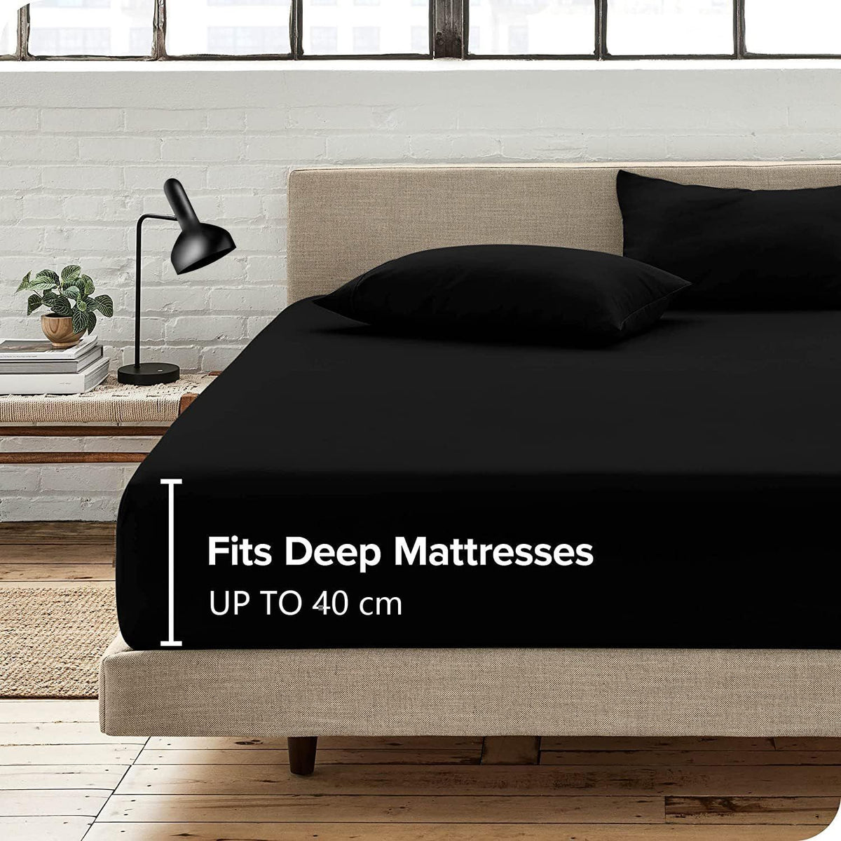 2 Piece Fitted Sheet Set- Fitted Sheet & Pillowcases -Breathable Bedding - Wrinkle, Fade, Stain Resistant- 40cm Deep Pocket Fitted Bed Sheet Set(Black,Single)