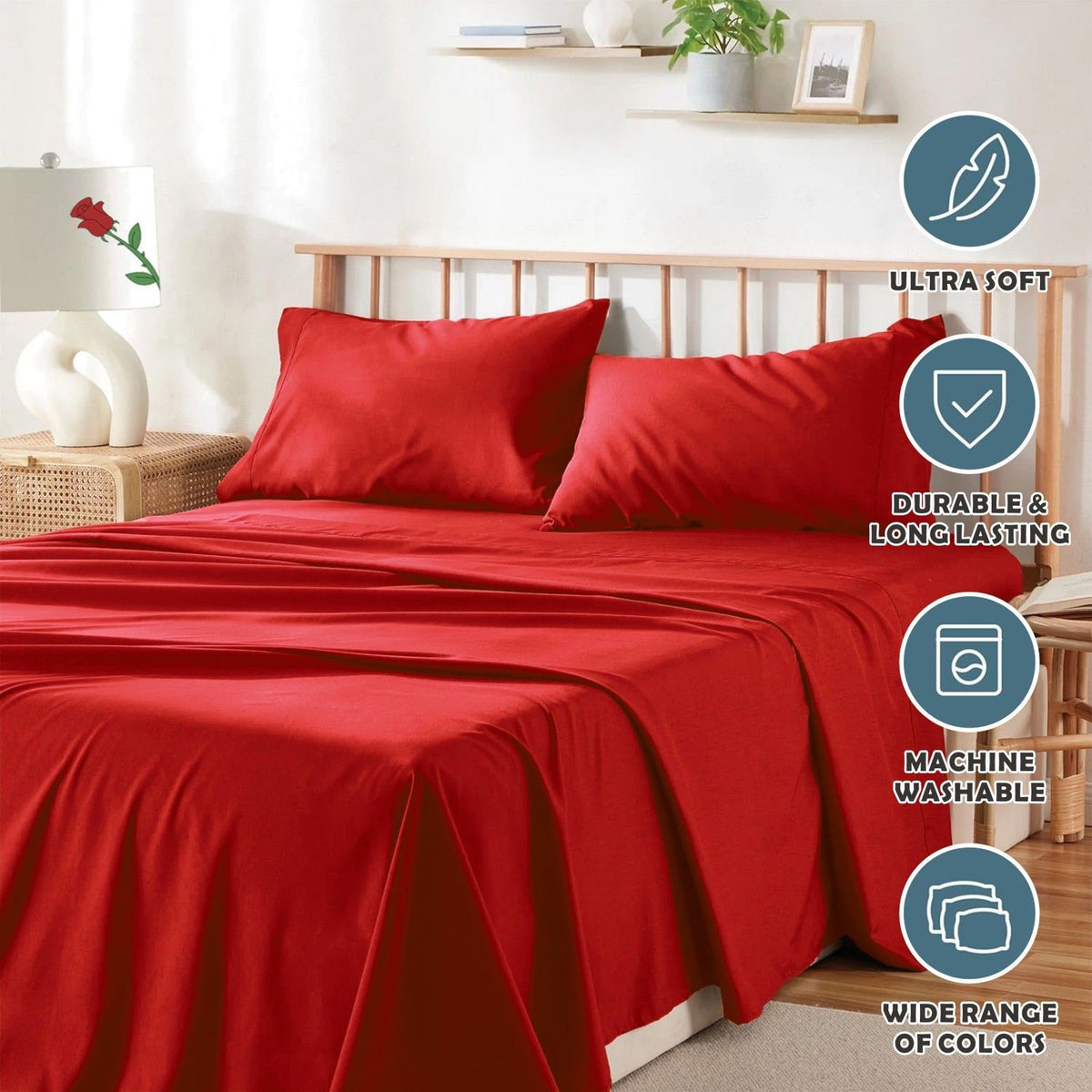 3 Piece Bed Sheet Set- Bedding Sheets & Pillowcases -Breathable Bedding - Wrinkle, Fade, Stain Resistant-Deep Pocket Flat Fitted Bed Sheet Set(Red,Single)