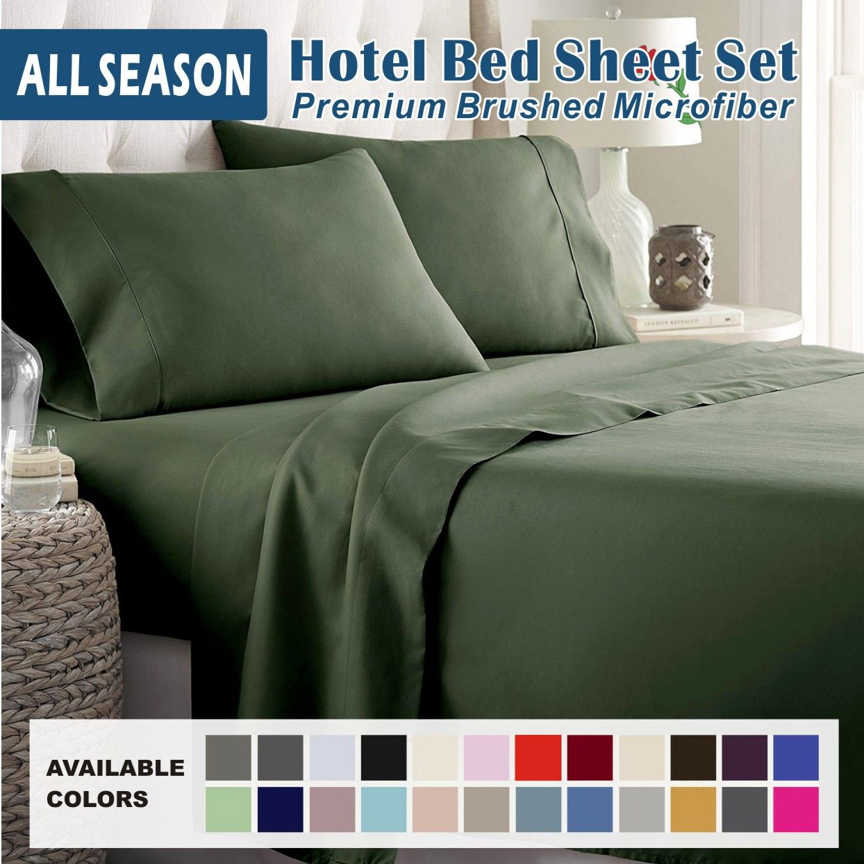 3 Piece Bed Sheet Set- Bedding Sheets & Pillowcases -Breathable Bedding - Wrinkle, Fade, Stain Resistant-Deep Pocket Flat Fitted Bed Sheet Set(Olive green,Single)