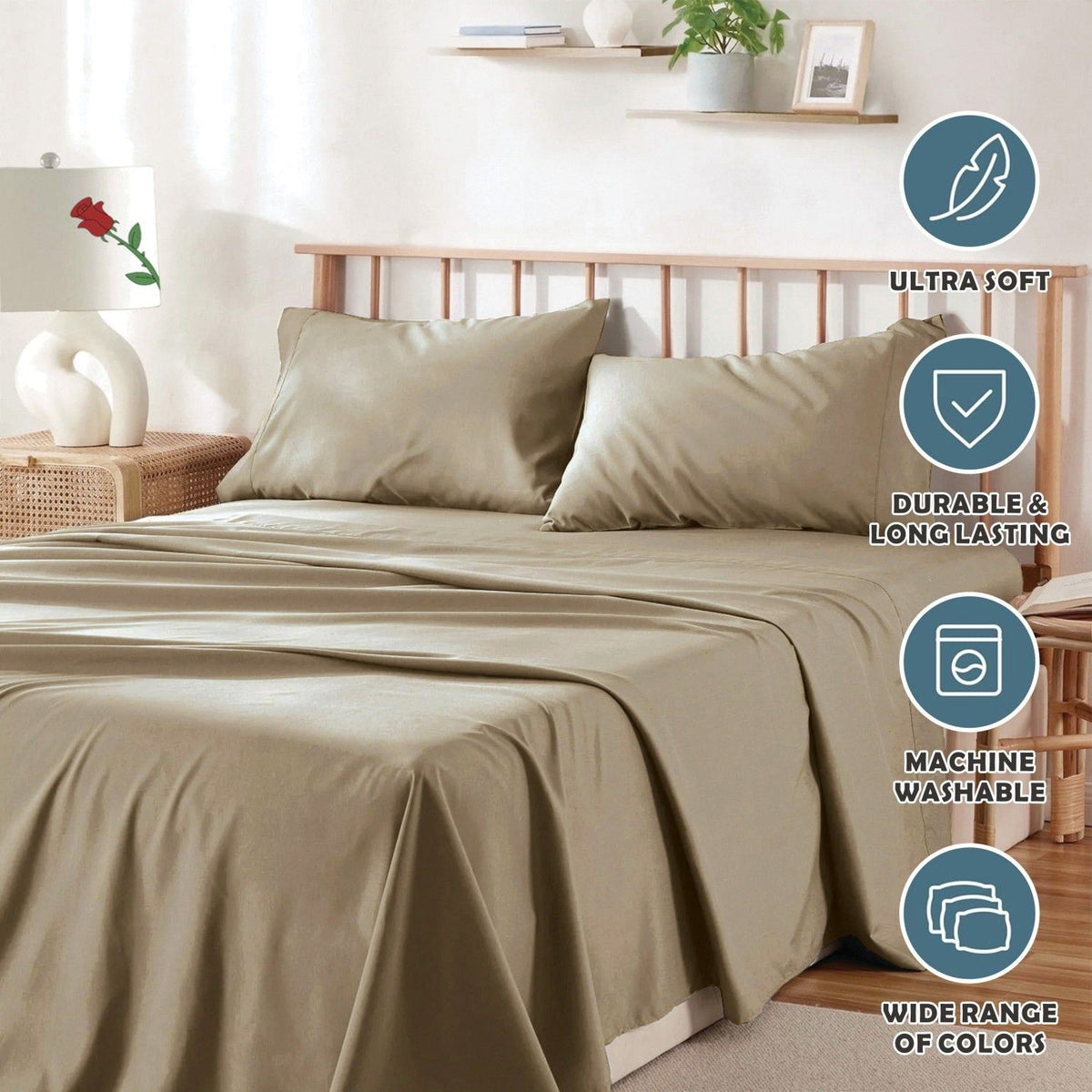 3 Piece Bed Sheet Set- Bedding Sheets & Pillowcases -Breathable Bedding - Wrinkle, Fade, Stain Resistant-Deep Pocket Flat Fitted Bed Sheet Set(Cream White,Single)
