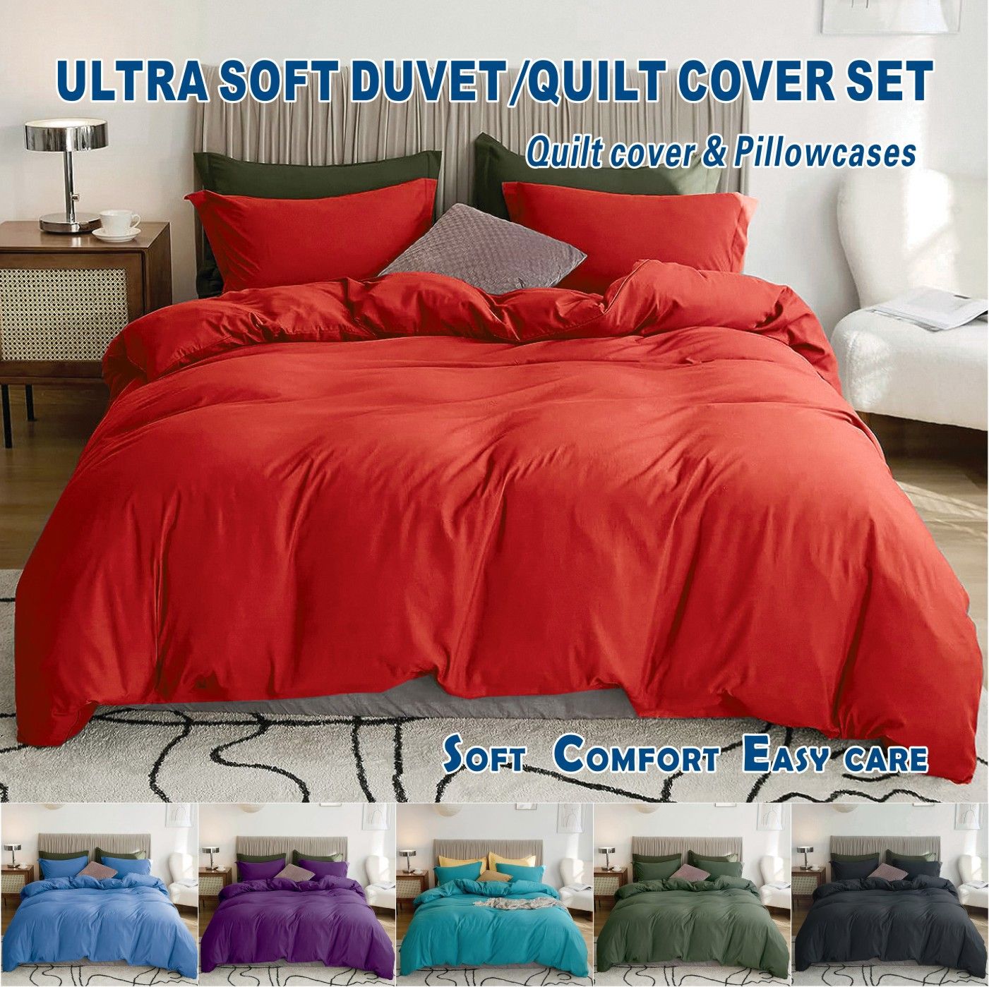 3 Piece Hotel Soft Microfiber Quilt Cover Set-2000TC Duvet/Donna Cover Set & Pillowcases -1 Quilt Cover Zipper Closure & 1 x Pillowcases-Breathable Bedding - Wrinkle, Fade, Stain Resistant(Red,Super King)