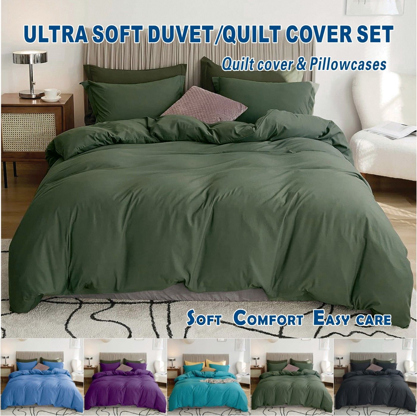 3 Piece Hotel Soft Microfiber Quilt Cover Set-2000TC Duvet/Donna Cover Set & Pillowcases -1 Quilt Cover Zipper Closure & 1 x Pillowcases-Breathable Bedding - Wrinkle, Fade, Stain Resistant(Olive green,Super King)