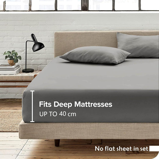 3 Piece Fitted Sheet Set- Fitted Sheet & Pillowcases -Breathable Bedding - Wrinkle, Fade, Stain Resistant- 40cm Deep Pocket Fitted Bed Sheet Set(Grey,Super King)