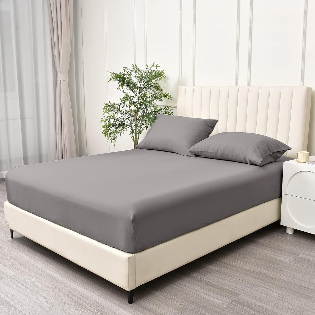 3 Piece Fitted Sheet Set- Fitted Sheet & Pillowcases -Breathable Bedding - Wrinkle, Fade, Stain Resistant- 40cm Deep Pocket Fitted Bed Sheet Set(Grey,Super King)