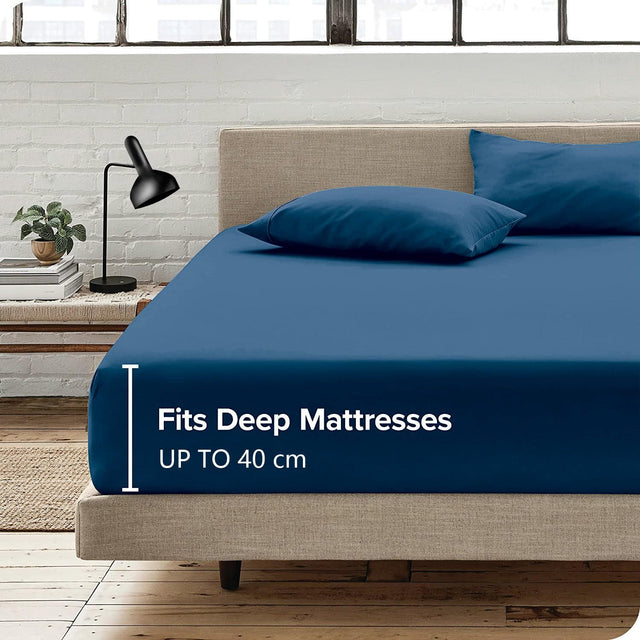 3 Piece Fitted Sheet Set- Fitted Sheet & Pillowcases -Breathable Bedding - Wrinkle, Fade, Stain Resistant- 40cm Deep Pocket Fitted Bed Sheet Set(Navy,Super King)
