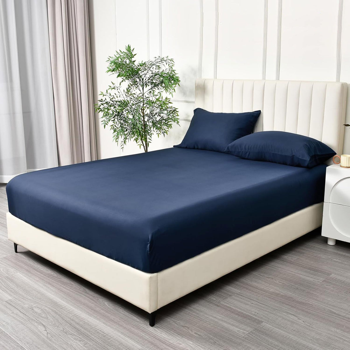 3 Piece Fitted Sheet Set- Fitted Sheet & Pillowcases -Breathable Bedding - Wrinkle, Fade, Stain Resistant- 40cm Deep Pocket Fitted Bed Sheet Set(Navy,Super King)