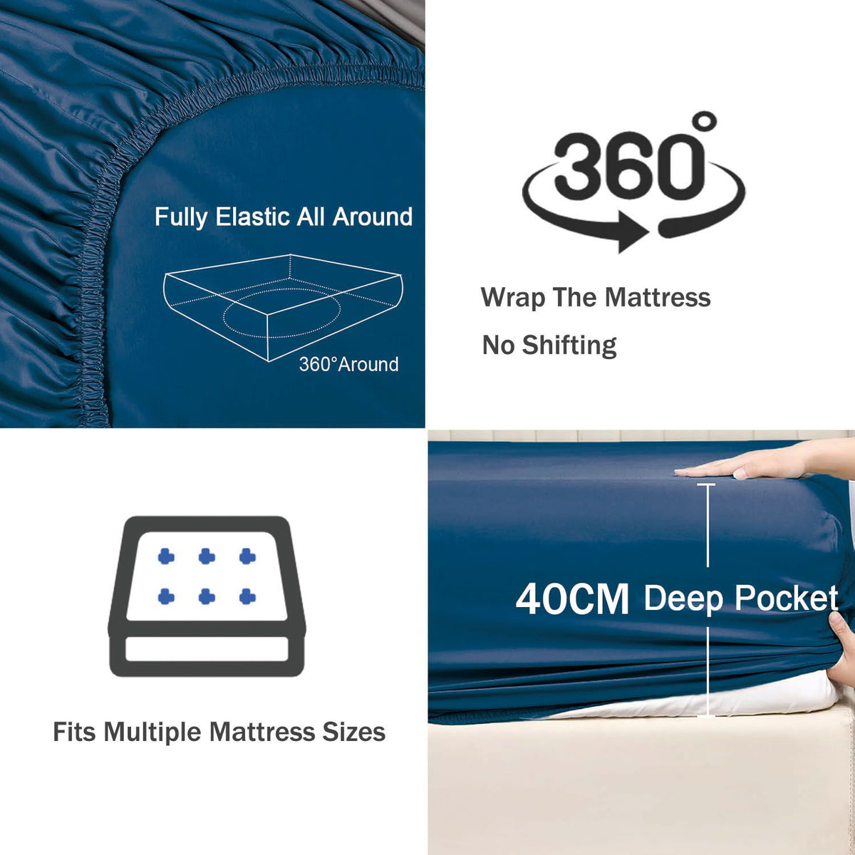 3 Piece Fitted Sheet Set- Fitted Sheet & Pillowcases -Breathable Bedding - Wrinkle, Fade, Stain Resistant- 40cm Deep Pocket Fitted Bed Sheet Set(Navy,Super King)