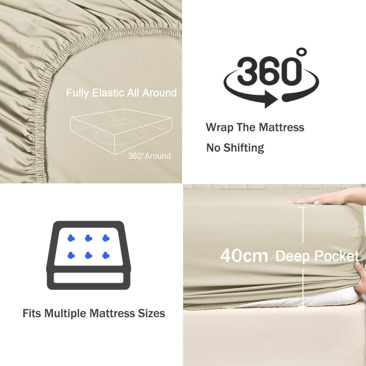 3 Piece Fitted Sheet Set- Fitted Sheet & Pillowcases -Breathable Bedding - Wrinkle, Fade, Stain Resistant- 40cm Deep Pocket Fitted Bed Sheet Set(Cream White,Super King)