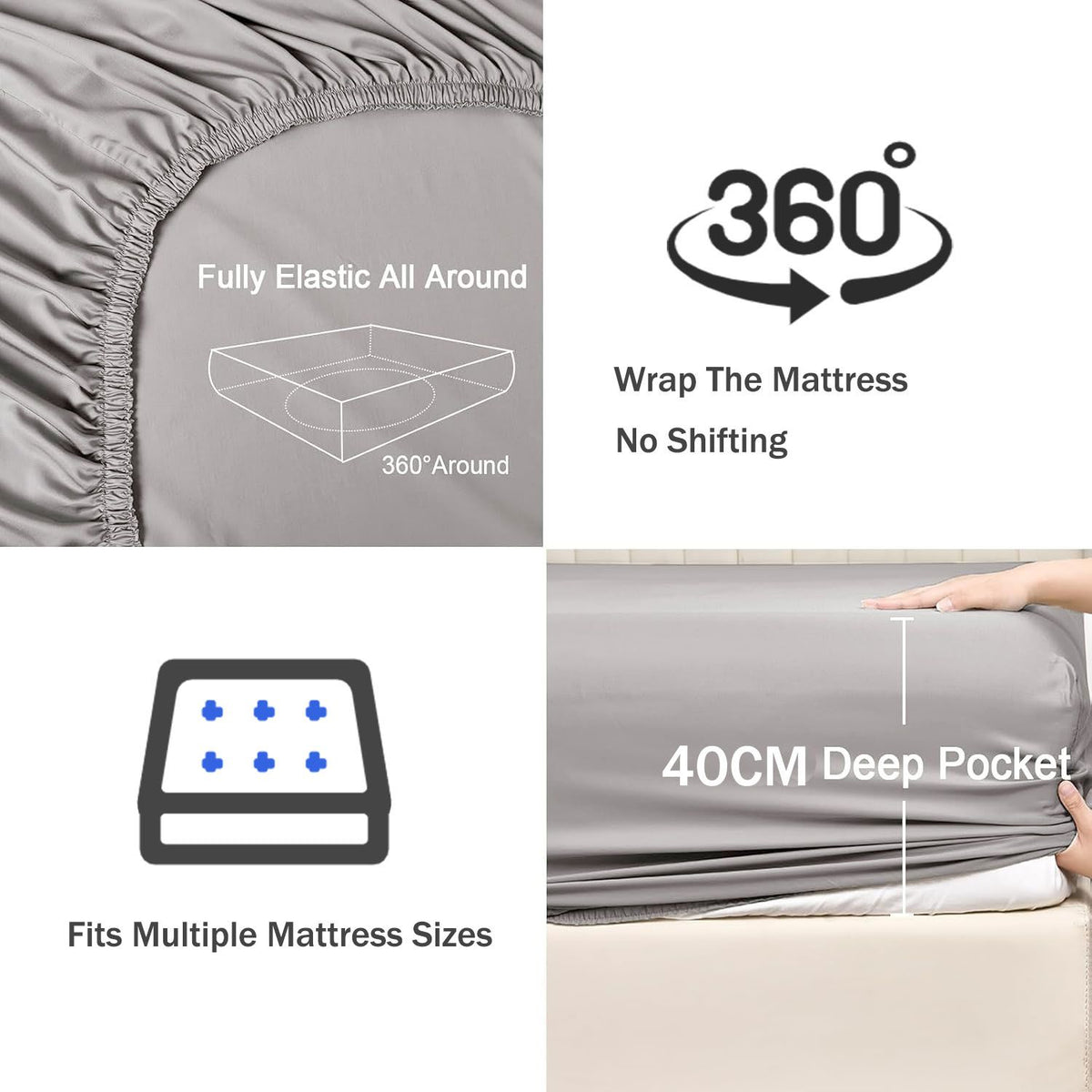 3 Piece Fitted Sheet Set- Fitted Sheet & Pillowcases -Breathable Bedding - Wrinkle, Fade, Stain Resistant- 40cm Deep Pocket Fitted Bed Sheet Set(Silver-gray,Super King)