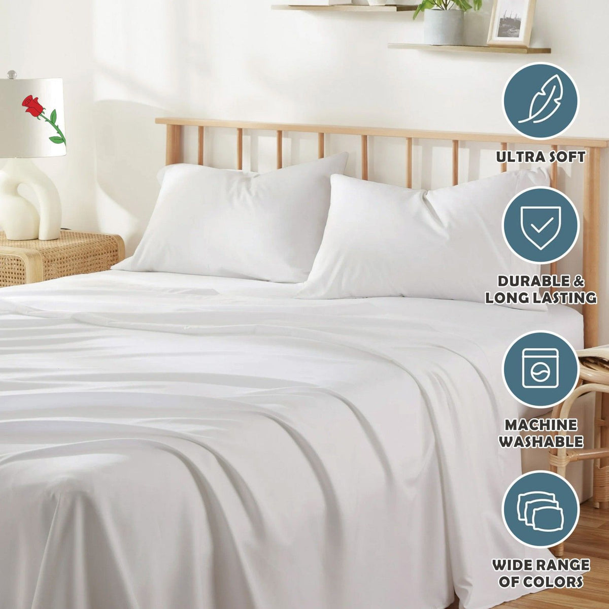4 Piece Bed Sheet Set- Bedding Sheets & Pillowcases -Breathable Bedding - Wrinkle, Fade, Stain Resistant-Deep Pocket Flat Fitted Bed Sheet Set(White,Super King)