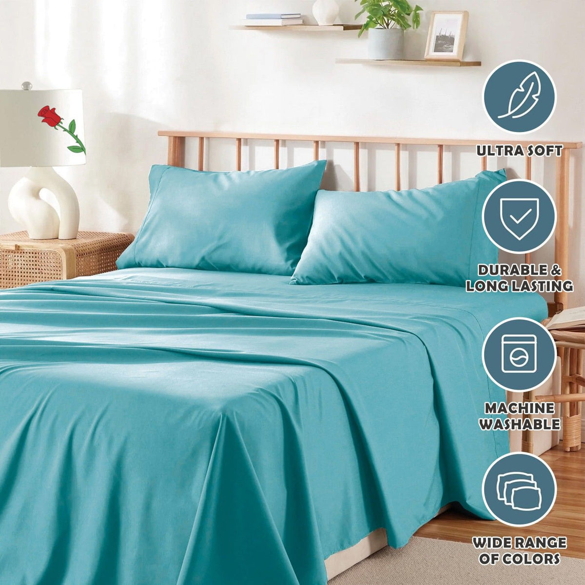4 Piece Bed Sheet Set- Bedding Sheets & Pillowcases -Breathable Bedding - Wrinkle, Fade, Stain Resistant-Deep Pocket Flat Fitted Bed Sheet Set(Ice Blue,Super King)